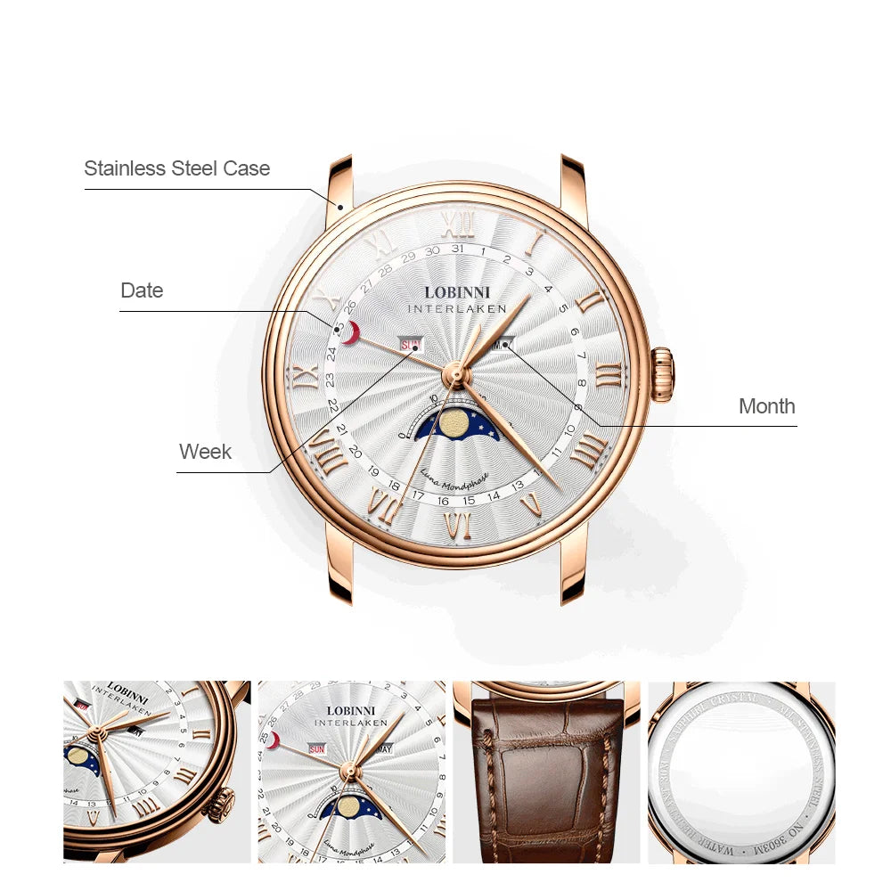 Men Moonphase Watch,Mens Luxury Brand Wrist Watches Man Quartz Wristwatch Waterproof Clock Sapphire Dress Reloj Hombre