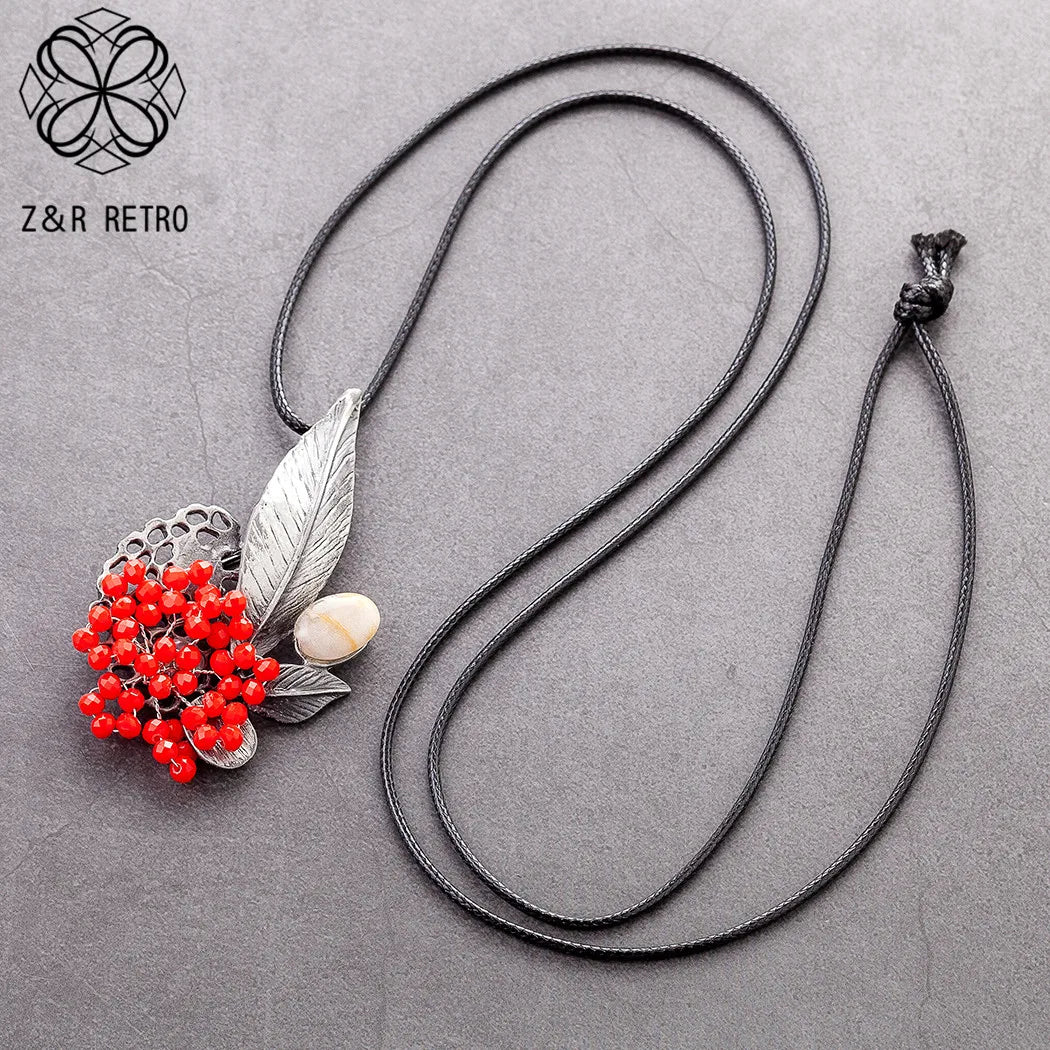 Jewelry Red Crystal Beads Flower Pendant Long Necklace for Women Vintage Plant Suspension Goth Chains Choker Wholesale Jewellery