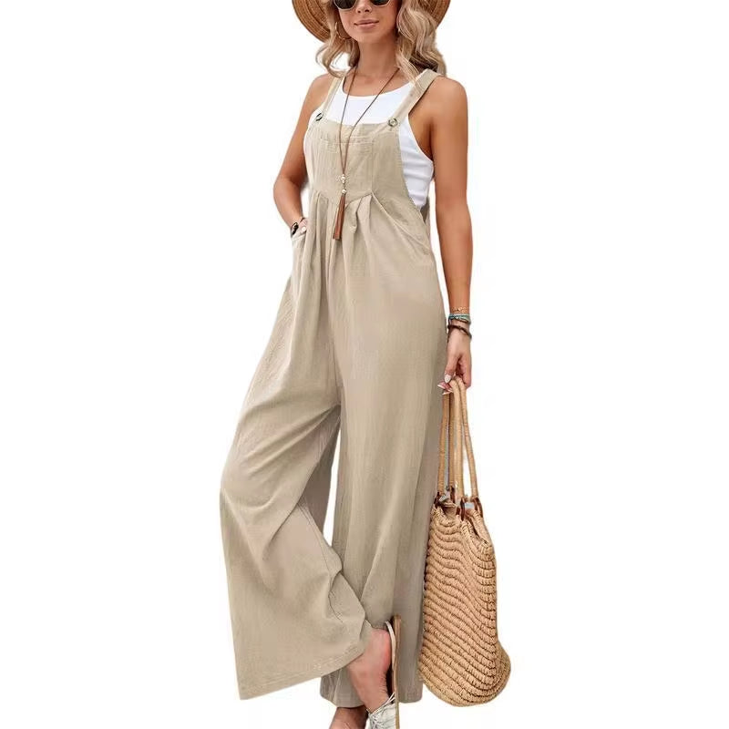 Summer Trendy New Pants Women Cotton Casual Jumpsuit Solid Multi-Color Wide Leg Straight Pants Office Lady'S All-Match Trousers