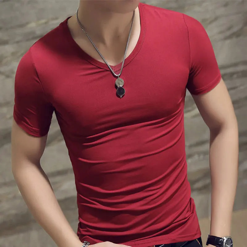 2023 New Top Tees Man T-Shirt Fitness T-Shirts Mens V-Neck Man T-Shirt for Male T-Shirts Summer Casual Gym Solid Color Tops