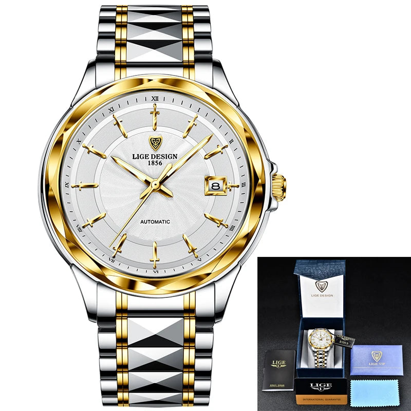 New Mechanical Watch Men Personality Gold Fashion Tungsten Steel Business Men Watch 50M Waterproof Automatic Watch Man+Box