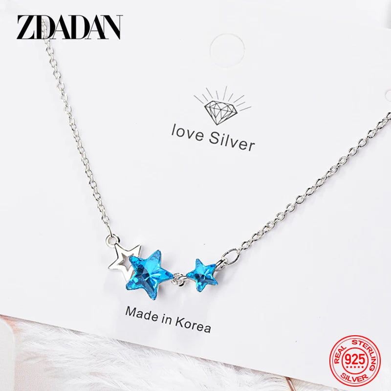 925 Sterling Silver Star Blue Crystal Necklace Chain for Women Fashion Wedding Jewelry