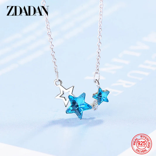 925 Sterling Silver Star Blue Crystal Necklace Chain for Women Fashion Wedding Jewelry