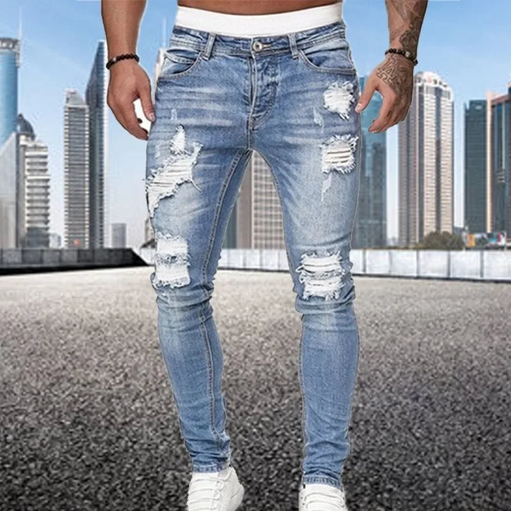 2024 New Ripped Skinny Jeans Men Vintage Wash Elastic Biker Holes Denim Pants Casual Slim Joggers Trousers Distressed Streetwear