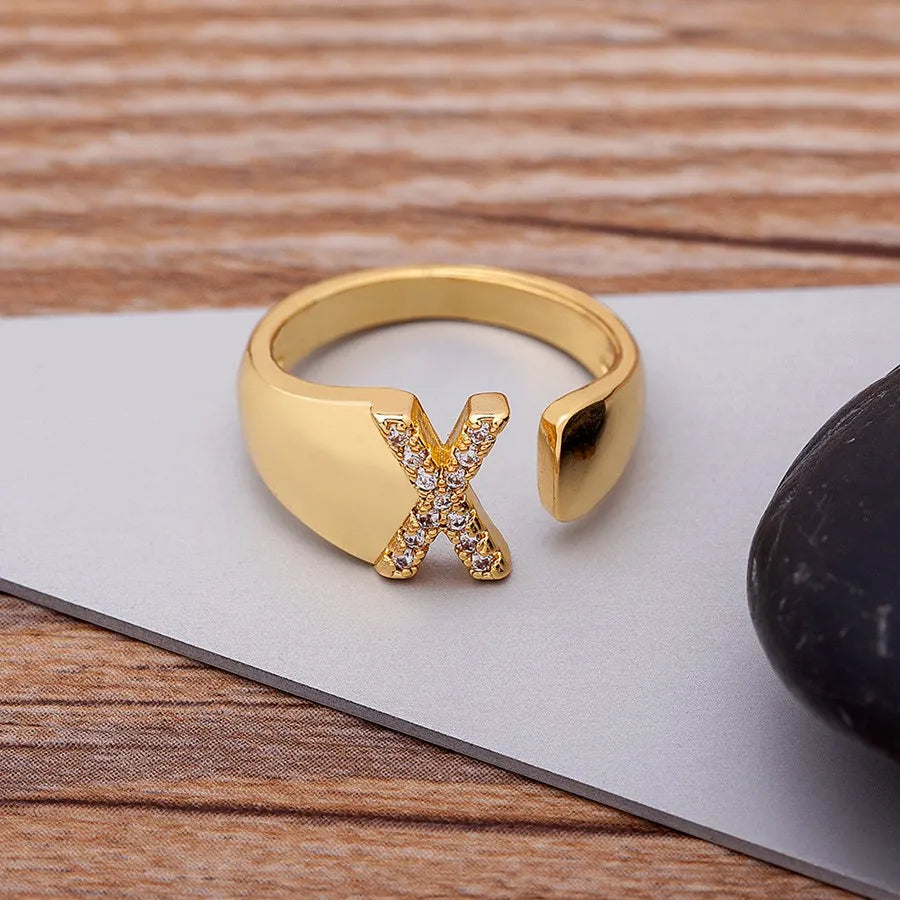 New Fashion A-Z Letter Gold Color Metal Adjustable Opening Ring Initials Name for Women Finger Rings Party Crystal Jewelry