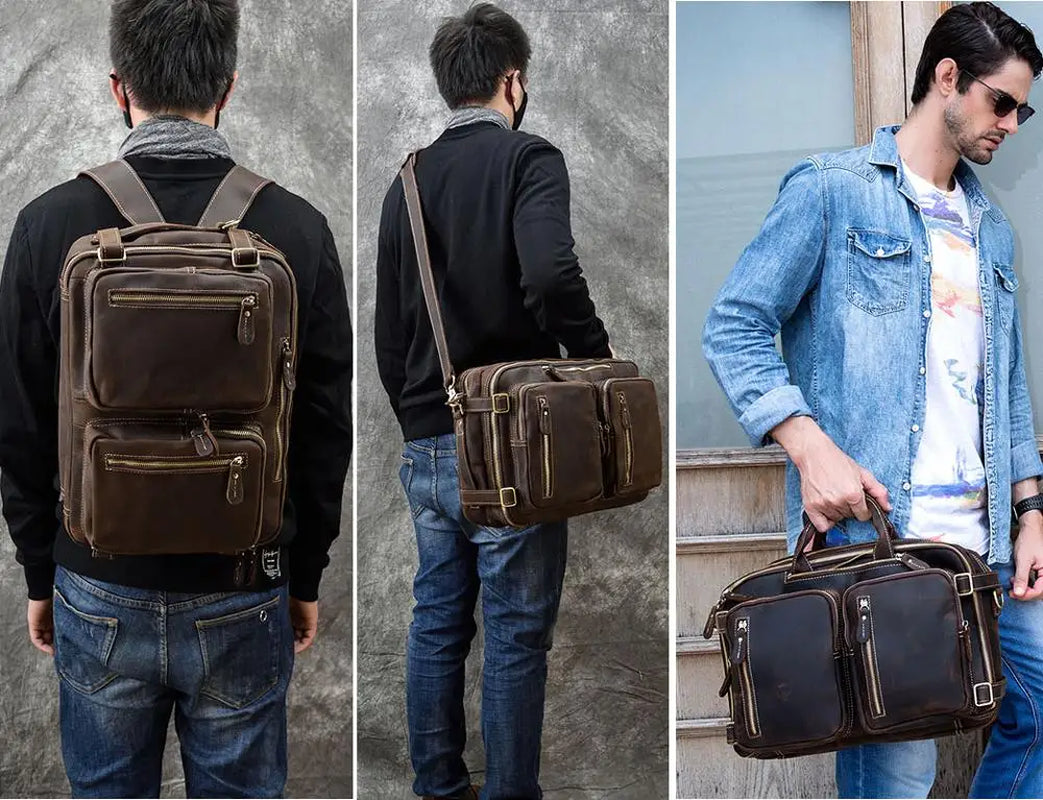 Men Genuine Leather Laptop Backpack 15" PC Crazy Horse Leather Business Bag 3 Use Cow Leather Shoulder Bags 3 Layer Work Tote