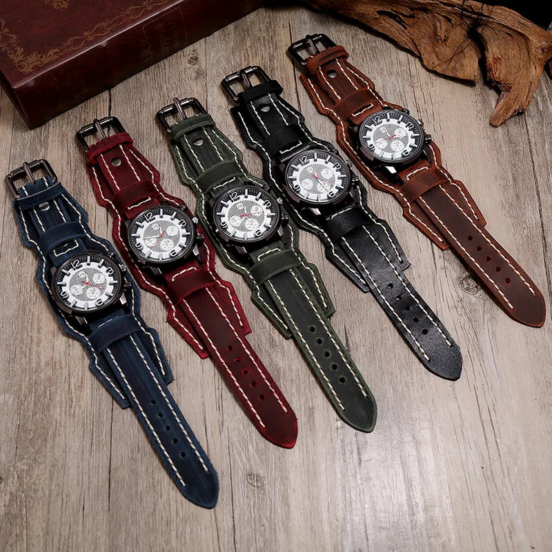 Men Watch Luxury Watch Quartz Wristwatches Big Dial Watch Retro Vintage Punk Style Watch Men Leather Strap Bracelet Men Gift Set