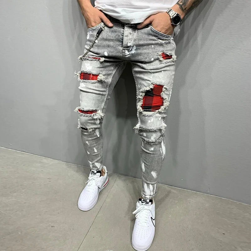 Men'S Ripped Skinny Jeans Patchwork Grid Stretch Casual Denim Pencil Pants Man Fashion Paint Painting Jogging Trousers Male