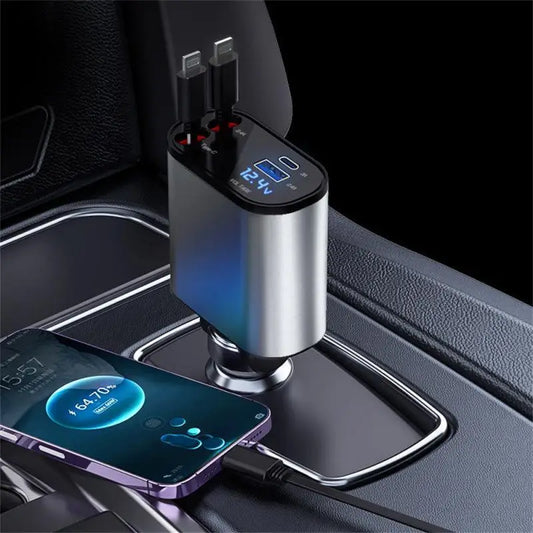 4 in 1 120W Retractable Car Charger USB Type C Cable for Iphone Huawei Samsung Fast Charge Cord Cigarette Lighter Adapter