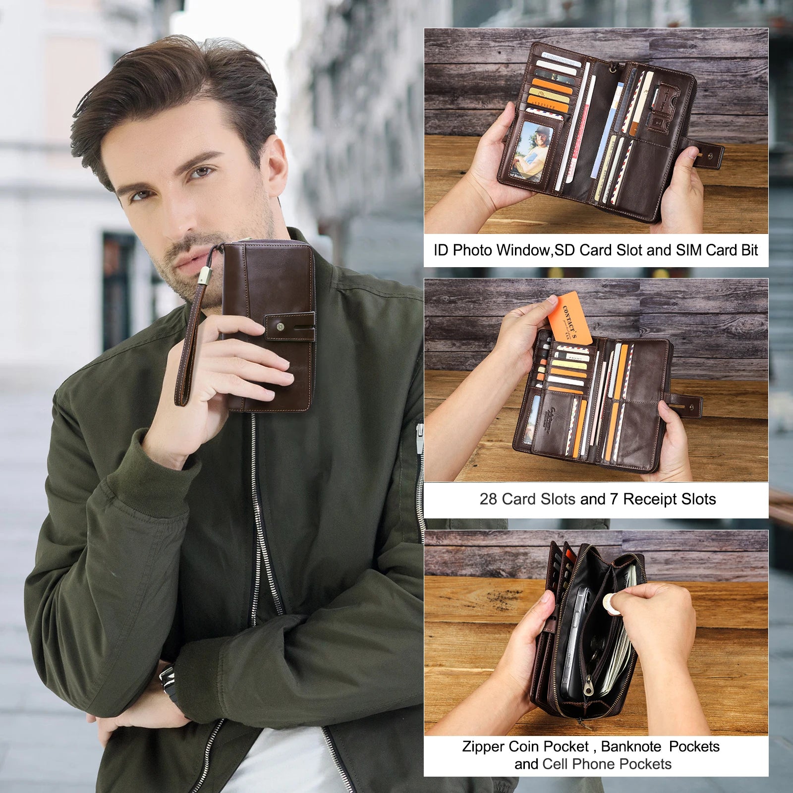 CONTACT'S Genuine Leather Men Wallet Long Clutch Casual Handbags Men Card Holder Men'S Wallets Zipper Coin Purses Money Clip