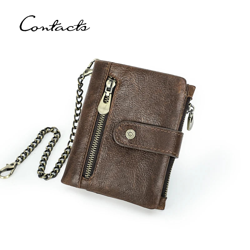 CONTACT'S Genuine Leather Wallets for Men Short Casual Bifold Men Wallet Metal Chain RFID Card Holders Coin Purses Money Clip