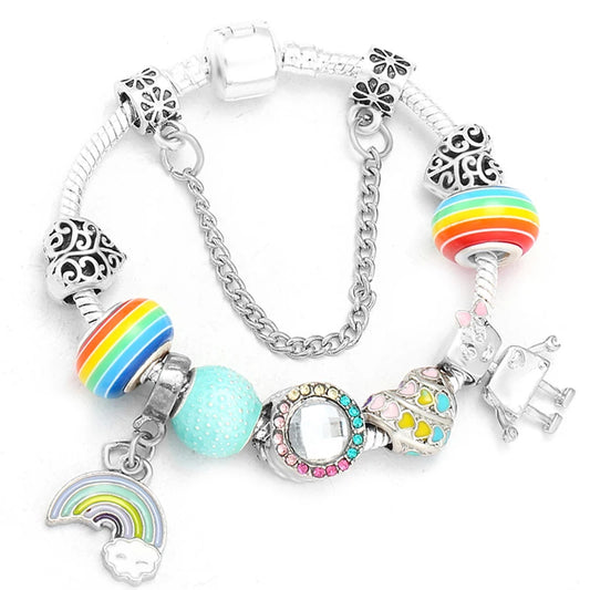 Cartoon Unicorn Beads Charm Bracelets for Women Romantic Silver Color Snake Chain Bracelet Bangle for Kids Brand Jewelry Gift