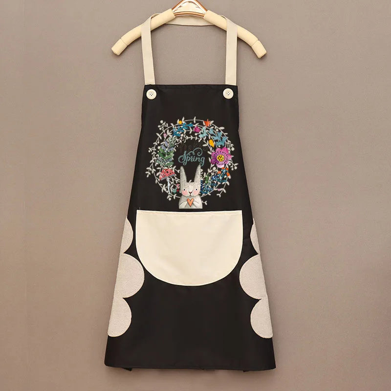 Cartoon Bunny Kitchen Aprons Women Sleeveless Halter Neck Overalls Waterproof Oil-Proof Hand-Wiping Advertising Cook Apron Dress