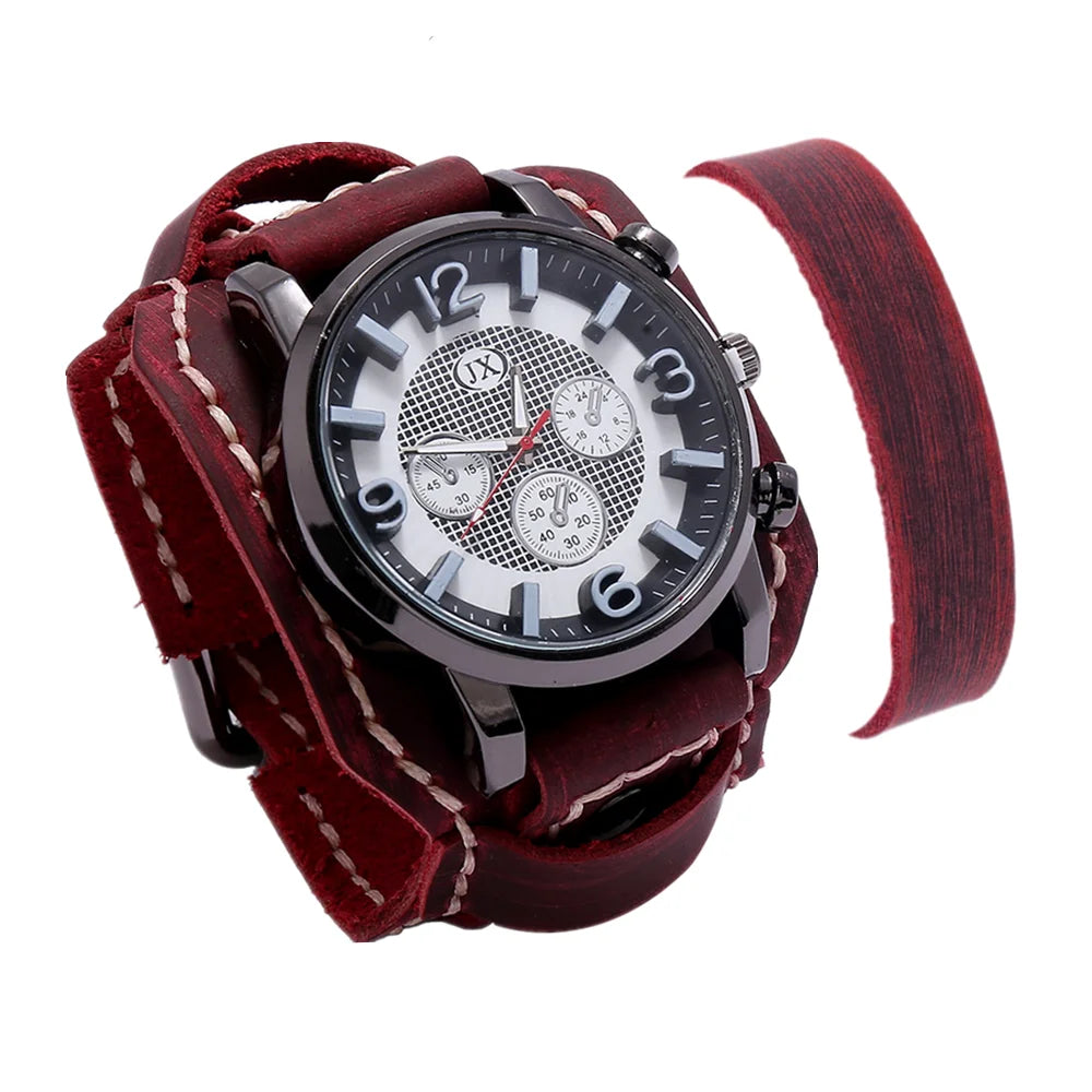 Men Watch Luxury Watch Quartz Wristwatches Big Dial Watch Retro Vintage Punk Style Watch Men Leather Strap Bracelet Men Gift Set