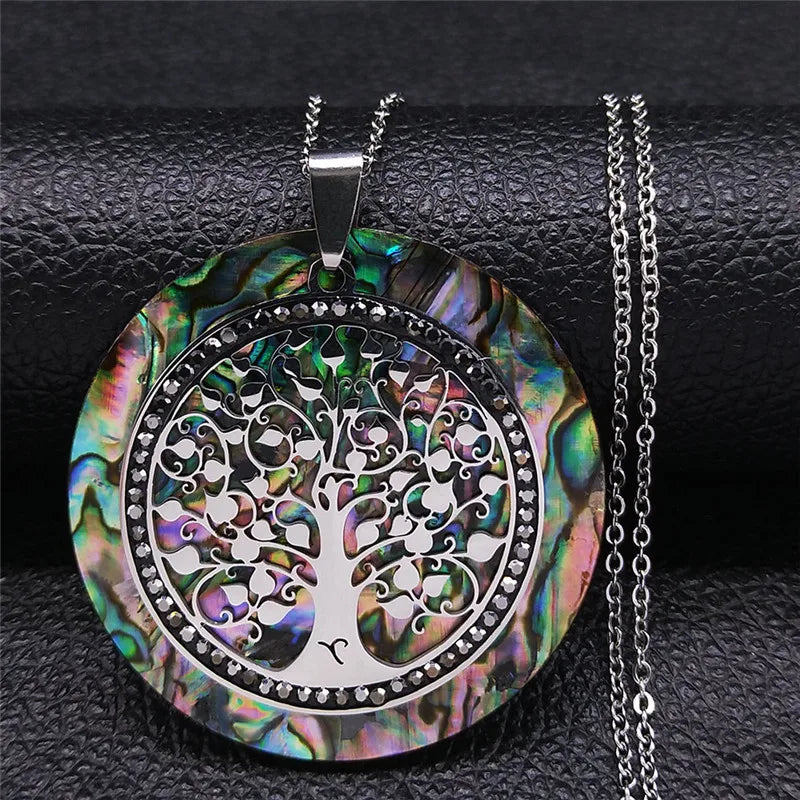 Tree of Life Crystal Stainless Steel Chain Necklaces Women Silver Color Big Necklaces Pendants Jewelry Collar Mujer NXS04