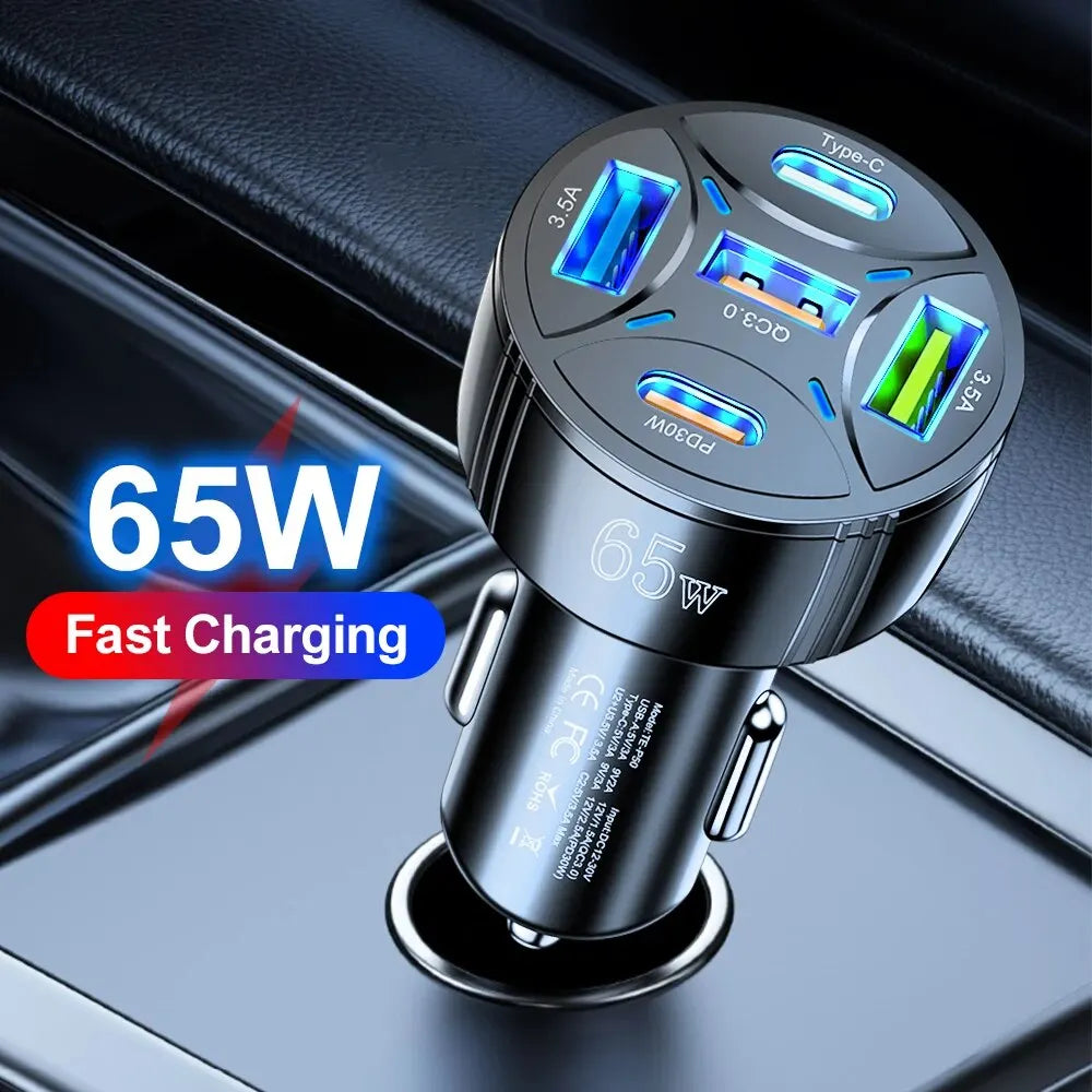 5 Port 65W USB Car Chargers Type C Car Charger Fast Charging PD QC3.0 Phone Charger in Car for Iphone Xiaomi Huawei Samsung