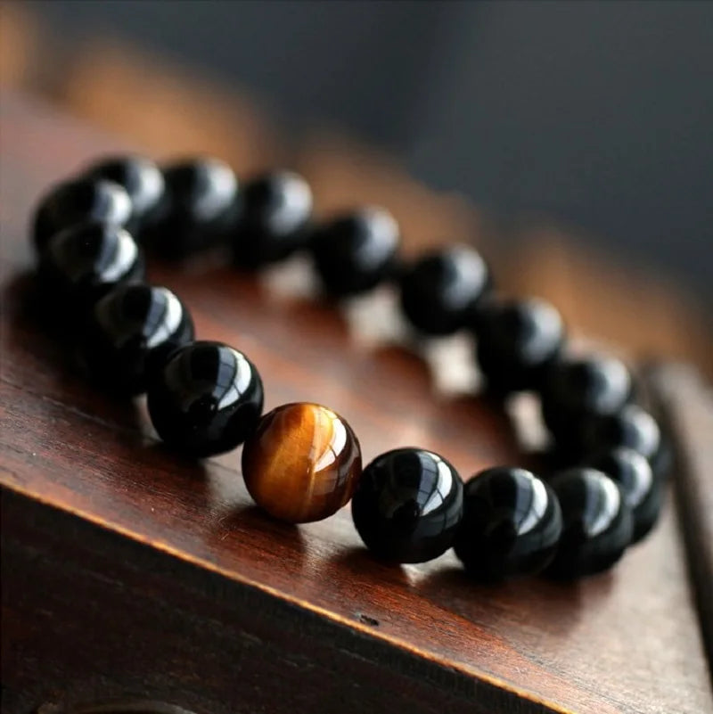 Natural Black Onyx with Tiger Eye Stone Beads Men Jewelry Bracelet 12 Constellation Leo Lovers Energy Balance Bracelet