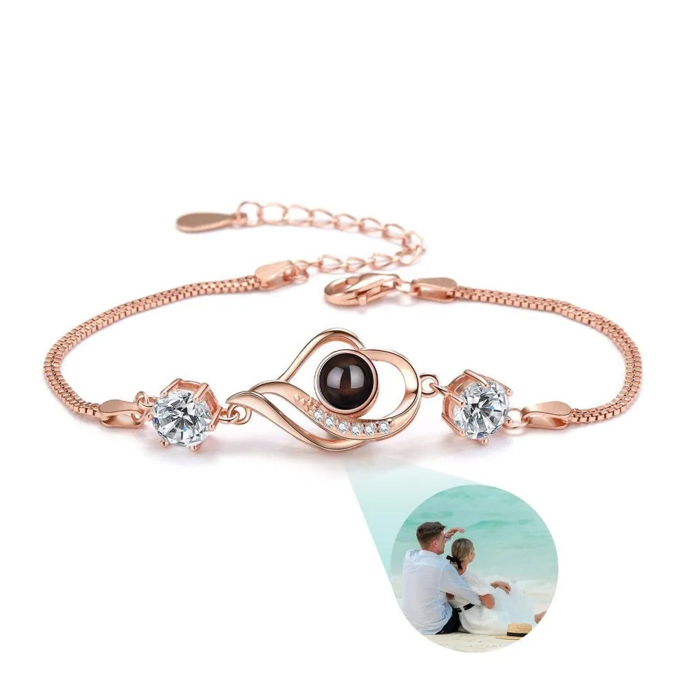 Custom Photo Projection Bracelet Heart Zircona Pendant Stainless Steel Couple DIY Picture inside Bracelet for Women Jewelry