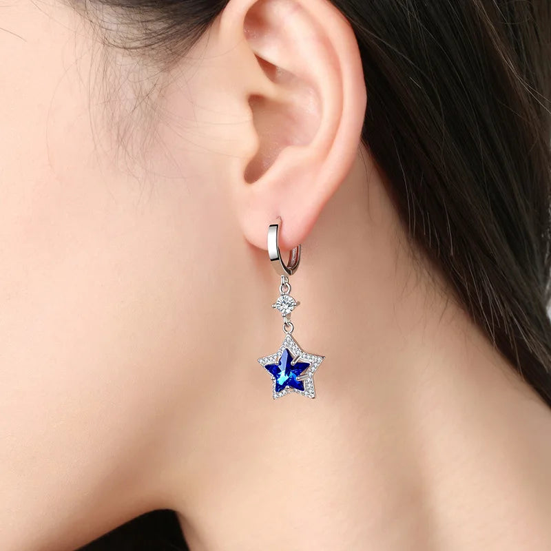 925 Sterling Silver Earrings Blue Crystal Zircon Pentagram Earrings for Women'S Fashion Jewelry Gifts