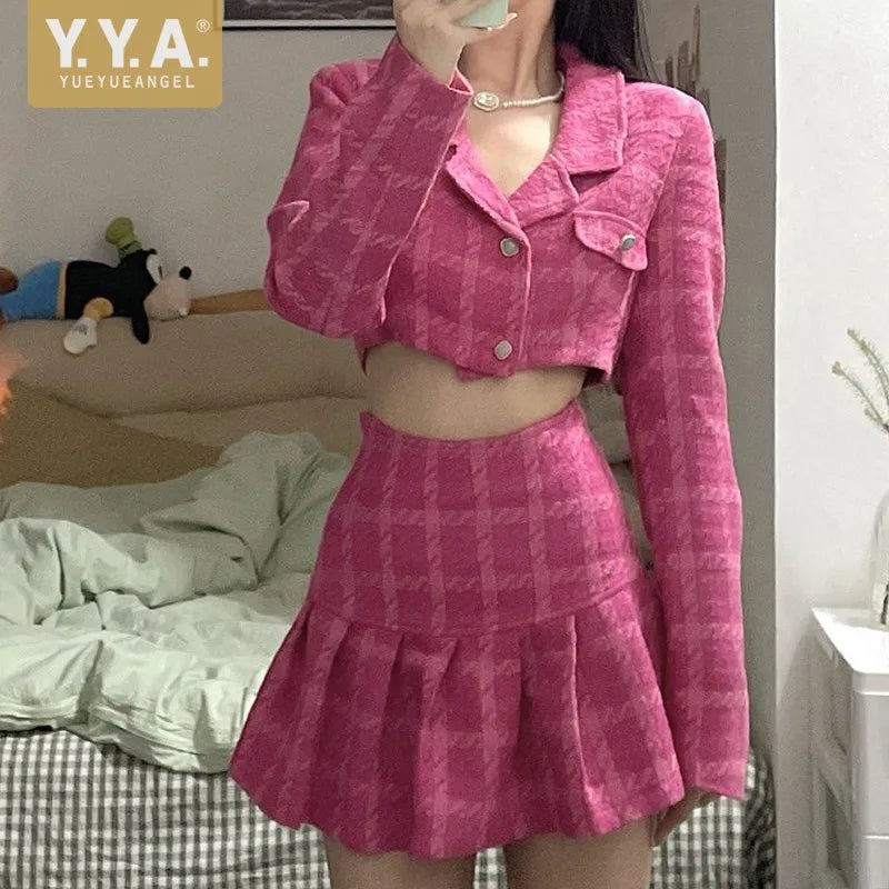 Sexy Ladies Plaid Short Cropped Top High Waist Mini Skirt Two Piece Set Slim Fit Clubwear Party Outfit High Street Matching Sets