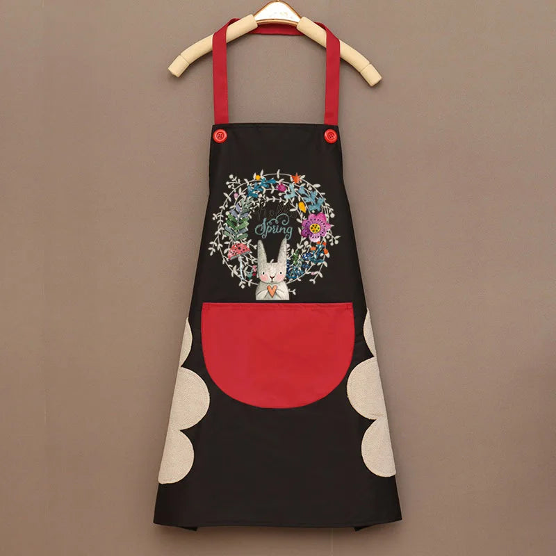 Cartoon Bunny Kitchen Aprons Women Sleeveless Halter Neck Overalls Waterproof Oil-Proof Hand-Wiping Advertising Cook Apron Dress