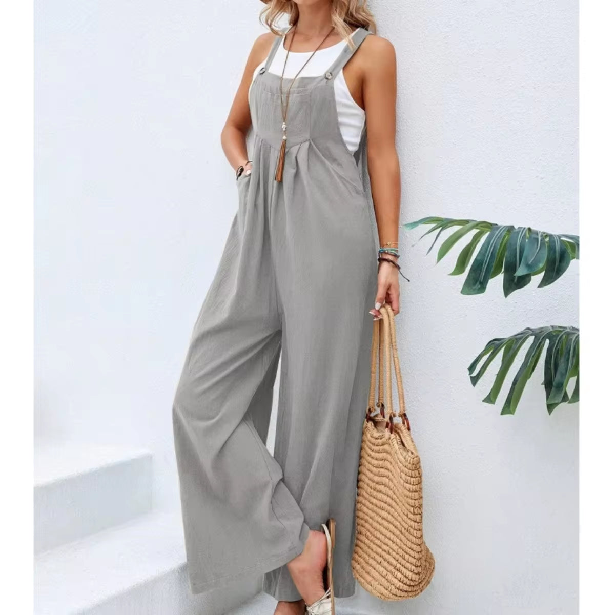 Summer Trendy New Pants Women Cotton Casual Jumpsuit Solid Multi-Color Wide Leg Straight Pants Office Lady'S All-Match Trousers