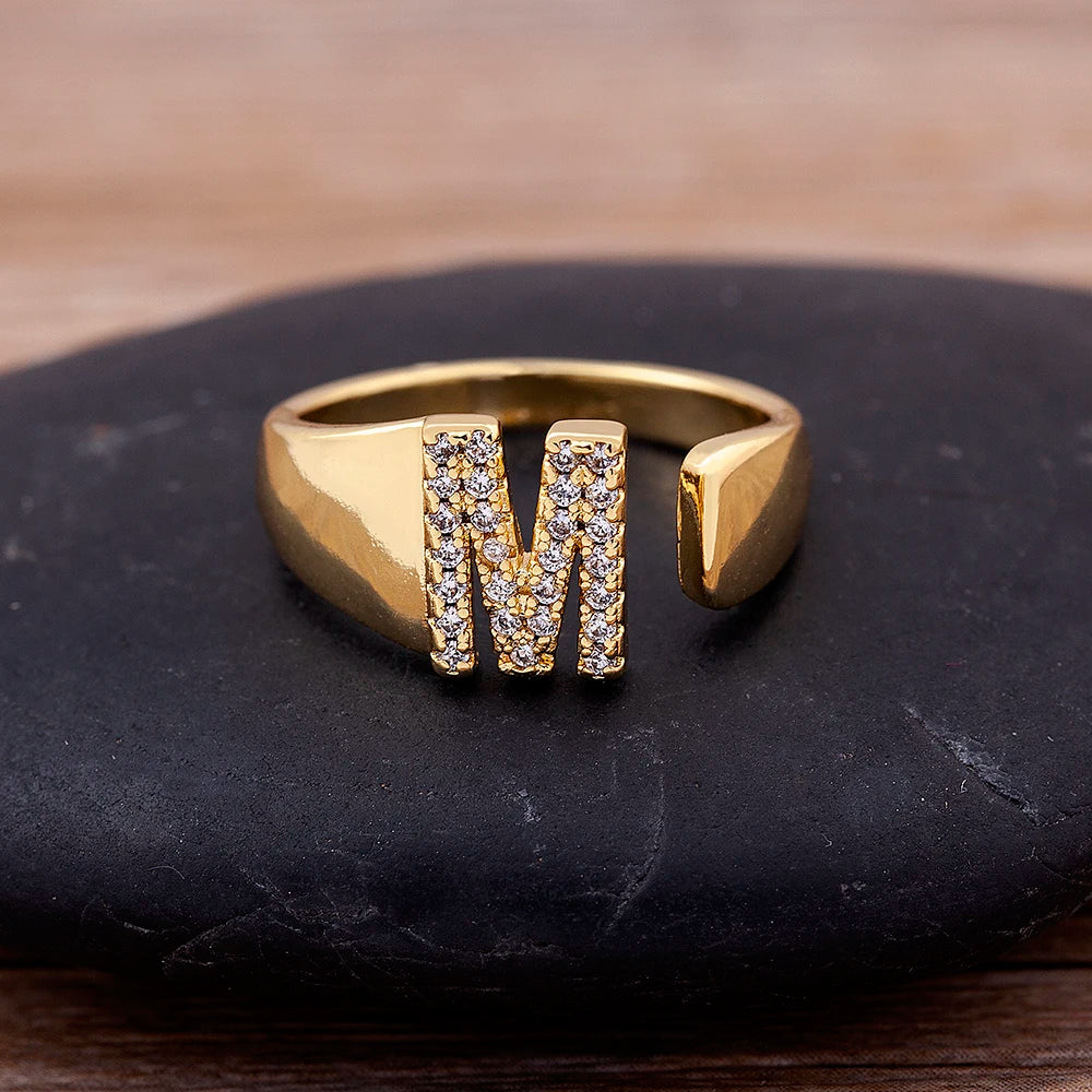 New Fashion A-Z Letter Gold Color Metal Adjustable Opening Ring Initials Name for Women Finger Rings Party Crystal Jewelry