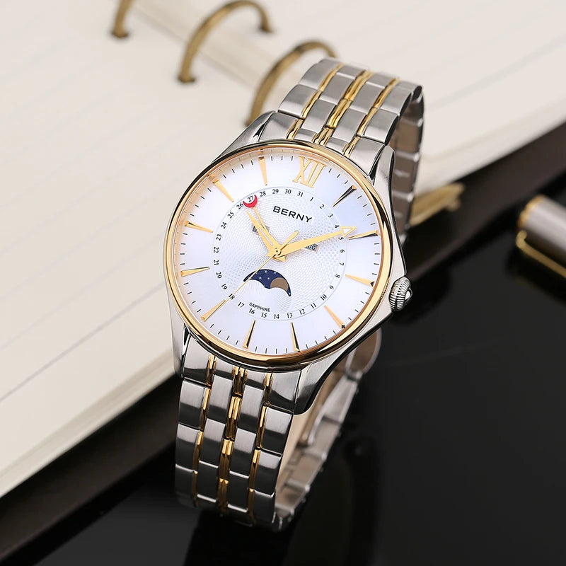 Men Watch Luxury Stainless Steel Moon Phase Wristwatch Waterproof Sports Simple Dial Calendar Miyota Quartz Watches for Men 2022