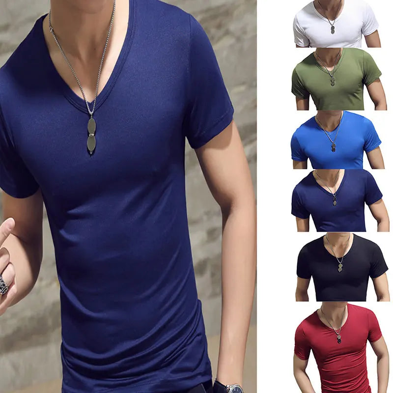 2023 New Top Tees Man T-Shirt Fitness T-Shirts Mens V-Neck Man T-Shirt for Male T-Shirts Summer Casual Gym Solid Color Tops