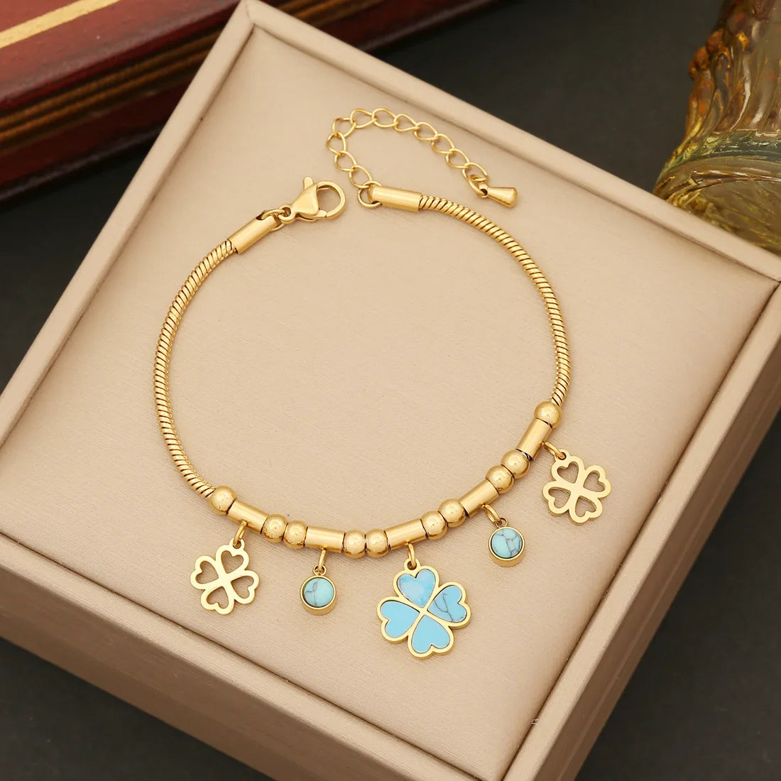 Fashion Stainless Steel Blue Four Leaf Clover Flower Beaded Necklace Earriing Bracelet Set for Women Wedding Jewerly Wholesale