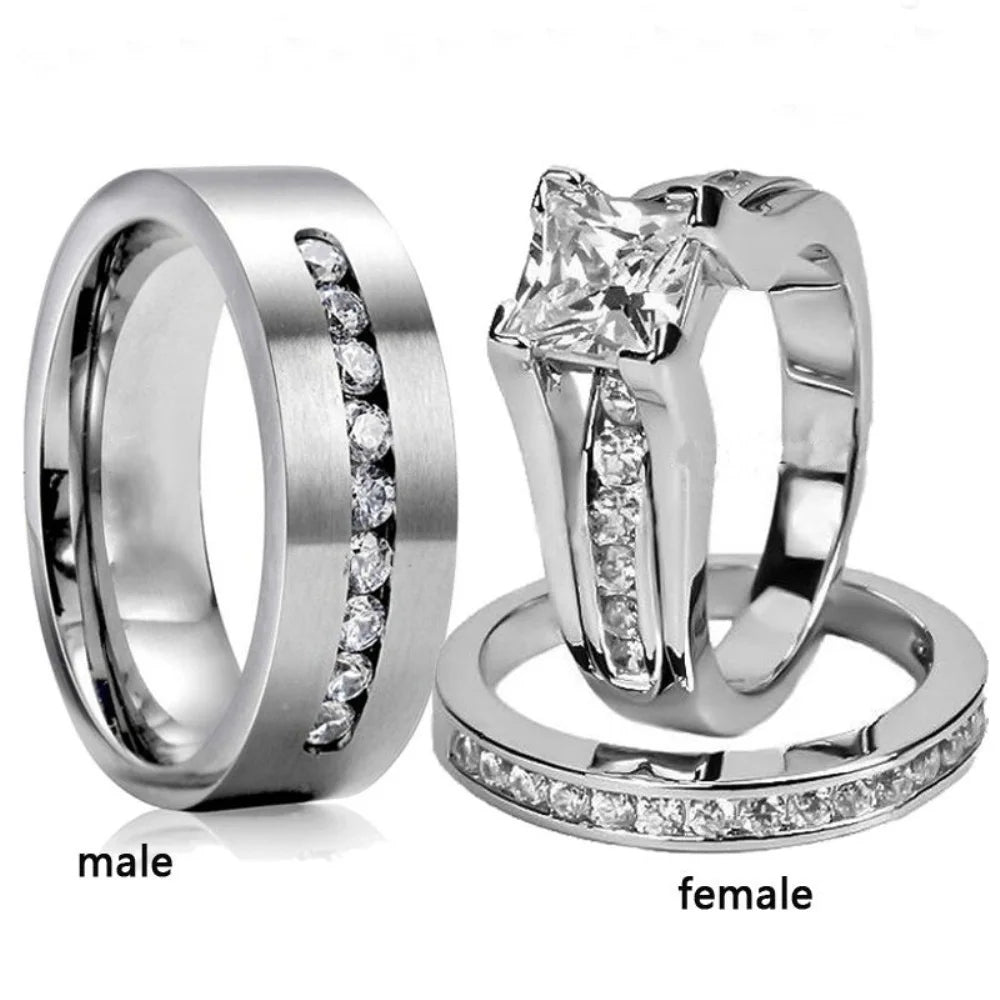 Romantic Zircon Couple Rings Stainless Steel Men'S Ring and Simple Crystal Zircon Women Rings Set Wedding Ring