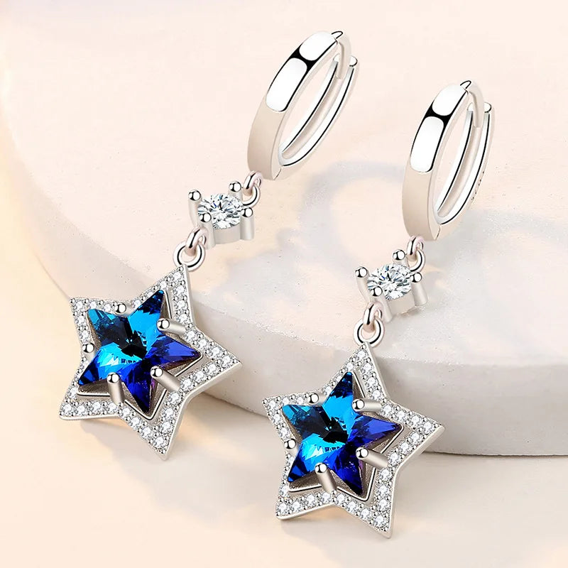 925 Sterling Silver Earrings Blue Crystal Zircon Pentagram Earrings for Women'S Fashion Jewelry Gifts