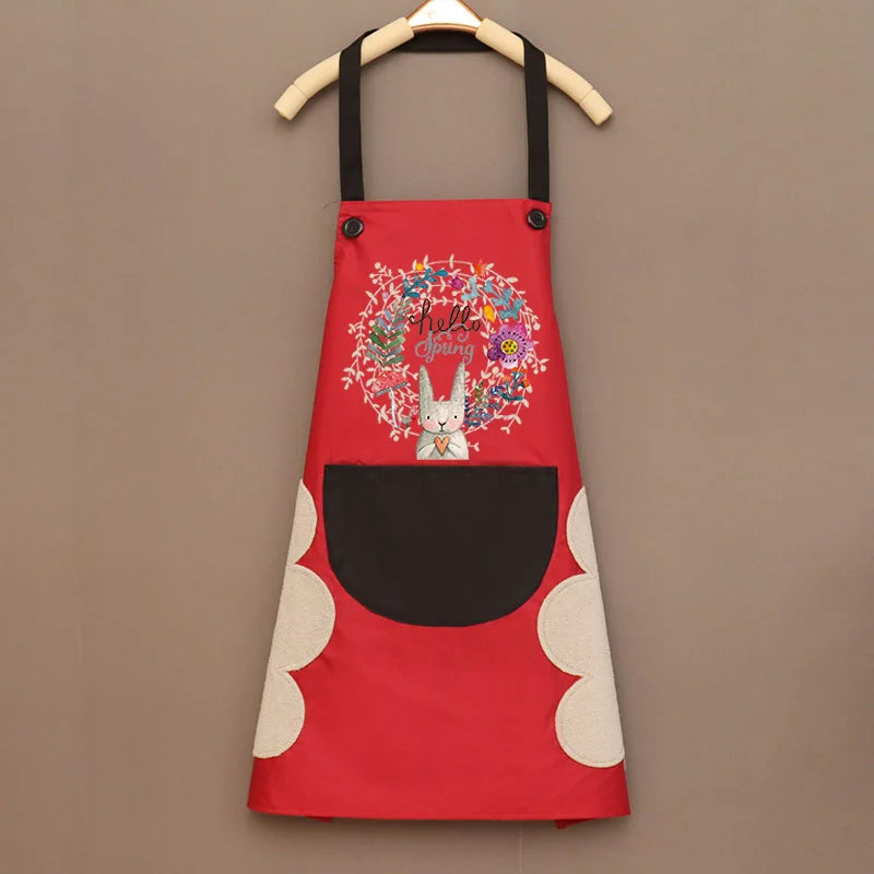 Cartoon Bunny Kitchen Aprons Women Sleeveless Halter Neck Overalls Waterproof Oil-Proof Hand-Wiping Advertising Cook Apron Dress