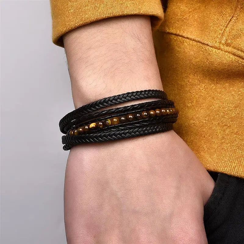 Fashion Natural Stone Beads Men Bracelet Multilayer Leather Bracelet Punk Jewelry Stainless Steel Magnetic Clasp Bangles