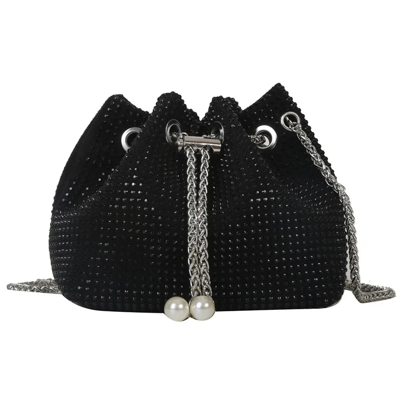 Women Fashion Diamonds Rhinestone Bucket Bags Retro Pearl Chain Ladies Shoulder Bags Shiny Small Crossbody Bags Female Handbags