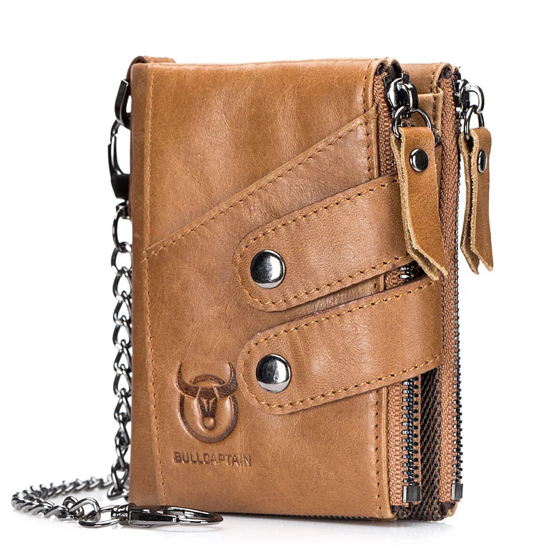 Quality Genuine Leather Men Wallet Brand Zipper Man Purse Vintage Cow Leather Male Card Coin Bag with Iron Chain