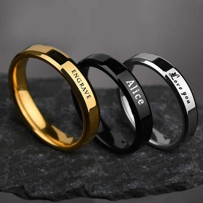 Acheerup Engrave Names Stainless Steel Women Rings 4Mm Smooth Personalized Engagement Wedding Jewelry Couple Gift for Lovers