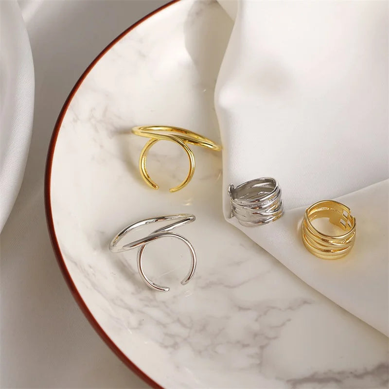 2Pcs/Set Women Rings Exaggerated Lines Rings for Women Fashion Simple Distorted Geometric Party Statement Designer Jewelry