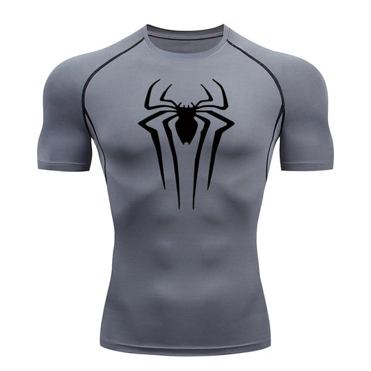 Spider Print Compression Shirts for Men Summer Short Sleeve Rash Guard Gym Workout Tshirt Athletic Quick Dry Undershirts Tops