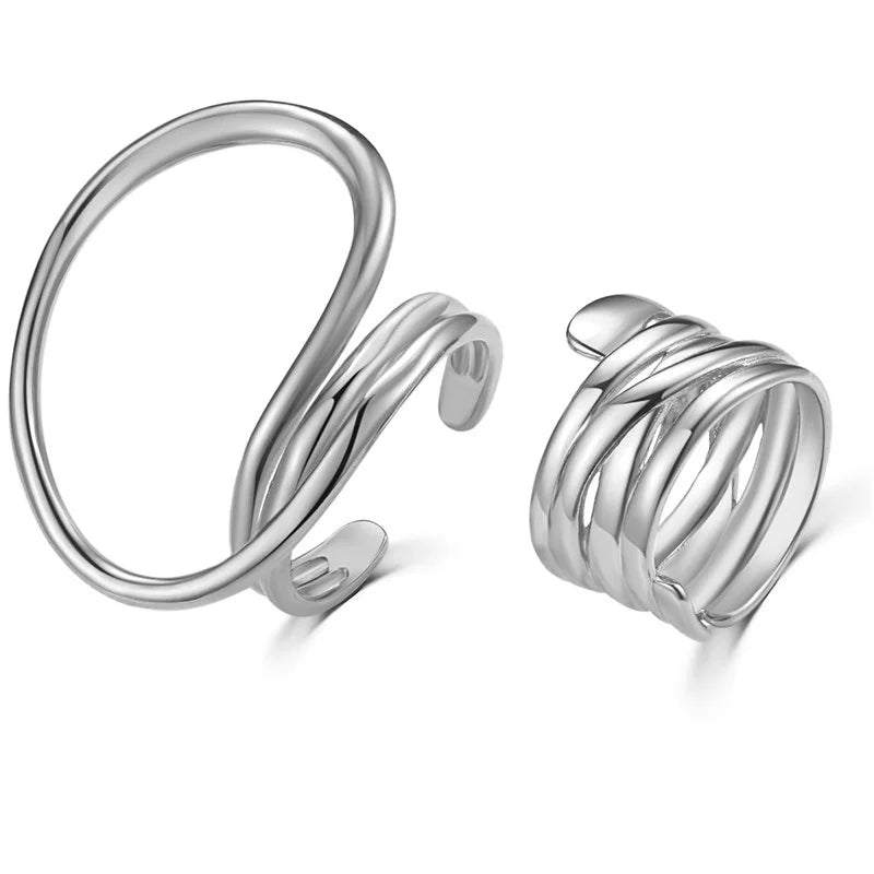 2Pcs/Set Women Rings Exaggerated Lines Rings for Women Fashion Simple Distorted Geometric Party Statement Designer Jewelry