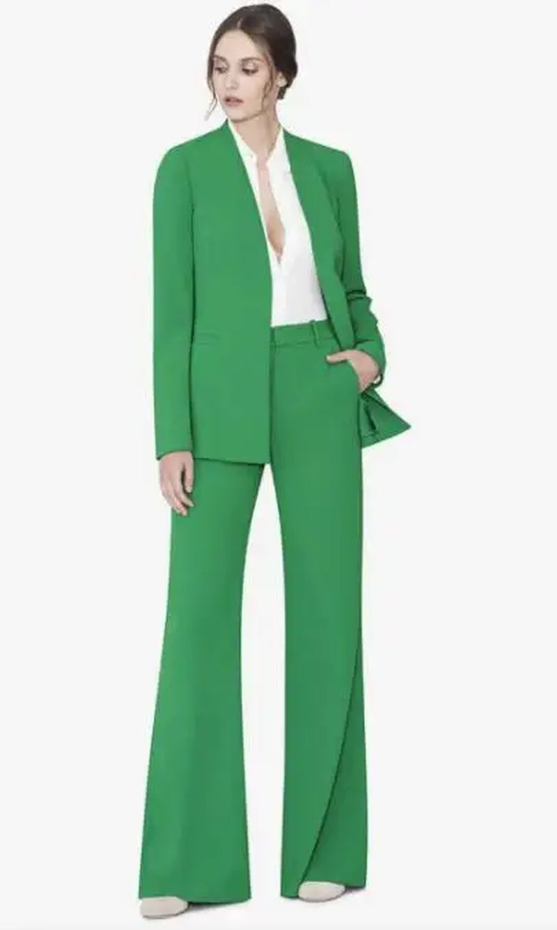 Green Women Blazer with Wide Pants Suits Set 2 Pcs Long Sleeve Suit Women Jacket Suits Female Ladies Customize Made