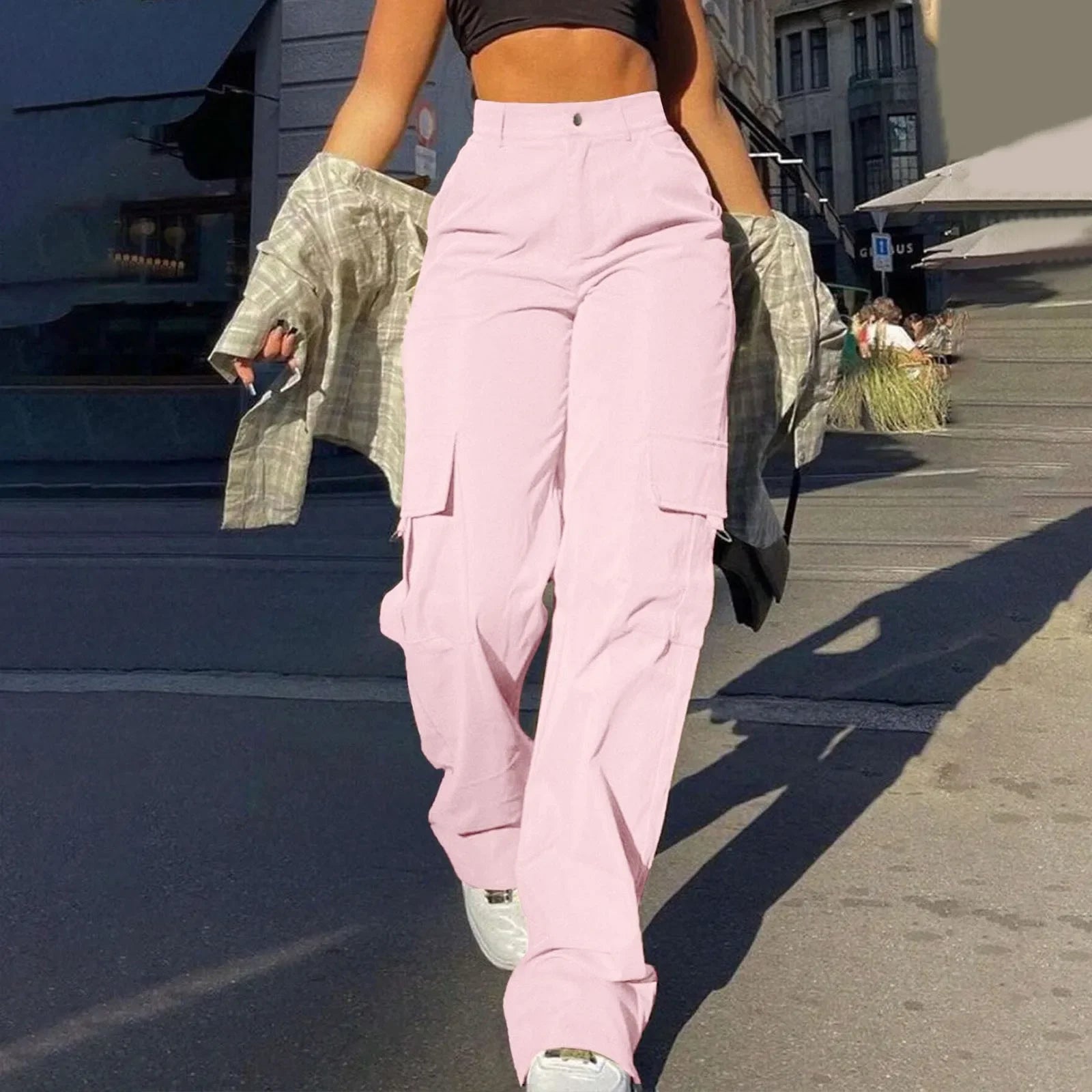 2024 Trendy Women Wide Leg Cargo Pants Street Vibes Flap Pockets Drawstring Ruched High Waist Parachute Women Pants