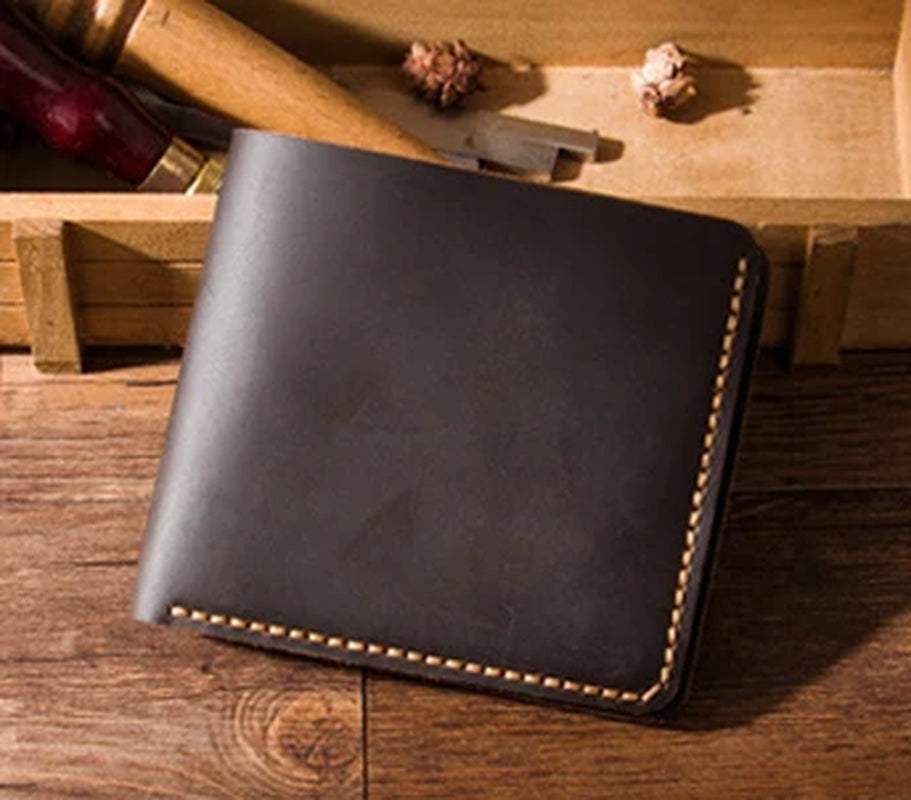 Handmade Vintage Crazy Horse Genuine Leather Wallet Men Purse Leather Men Wallet Short Style Male Money Holder Coin Bag WF206