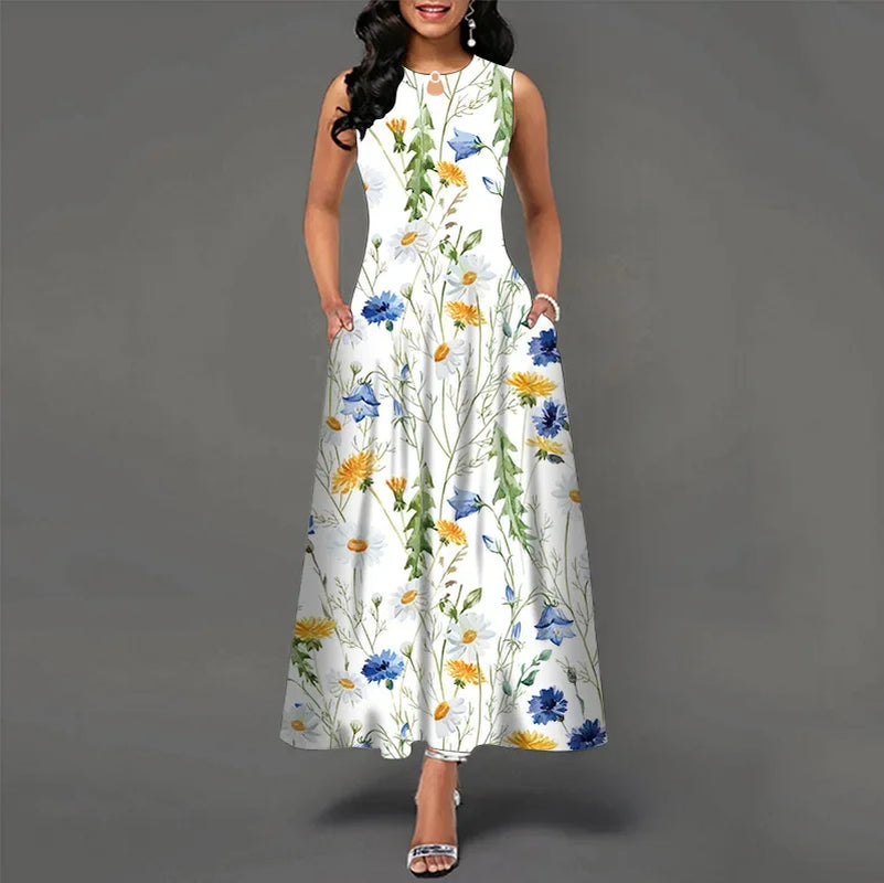 Flower Print New Casual Sleeveless Long Dress Women'S V-Neck Printed Dress Swing Bohemian Retro Dresses