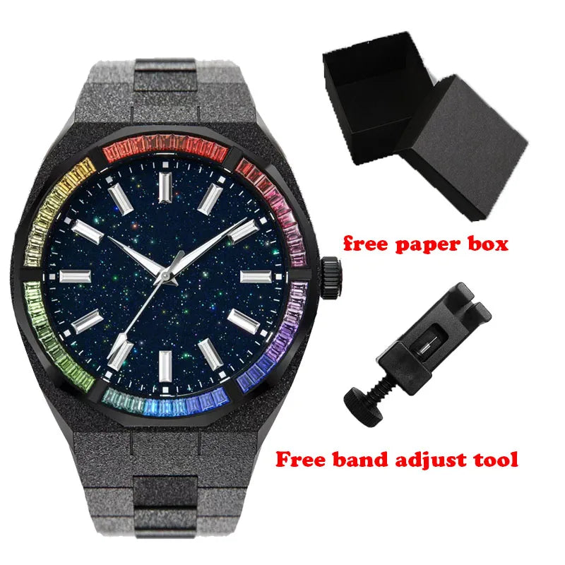 No Logo 42Mm Transparent Crystal Marker Star Dust Dial Hand-Set Rainbow Stone Bezel Frosted Men Quartz Watch