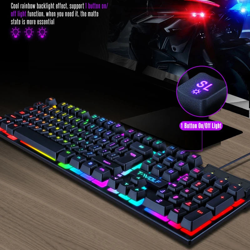 T-WOLF New Keyboard Mouse Kit TF200 Office USB Wired Luminous Keyboard and Mouse Set Russian Keyboard