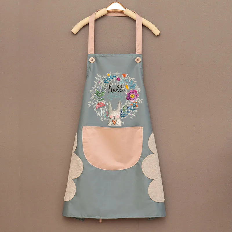 Cartoon Bunny Kitchen Aprons Women Sleeveless Halter Neck Overalls Waterproof Oil-Proof Hand-Wiping Advertising Cook Apron Dress