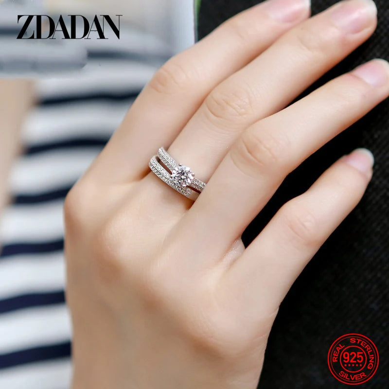 925 Sterling Silver Double Zircon Rings for Women Fashion Wedding Engagement Jewelry Gift