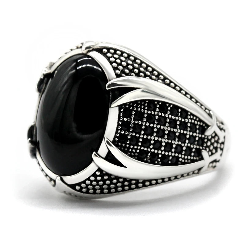 925 Silver Men'S Ring Turkey Inlaid Natural Black Agate Ring with CZ Muslim Religious High Jewelry Gift