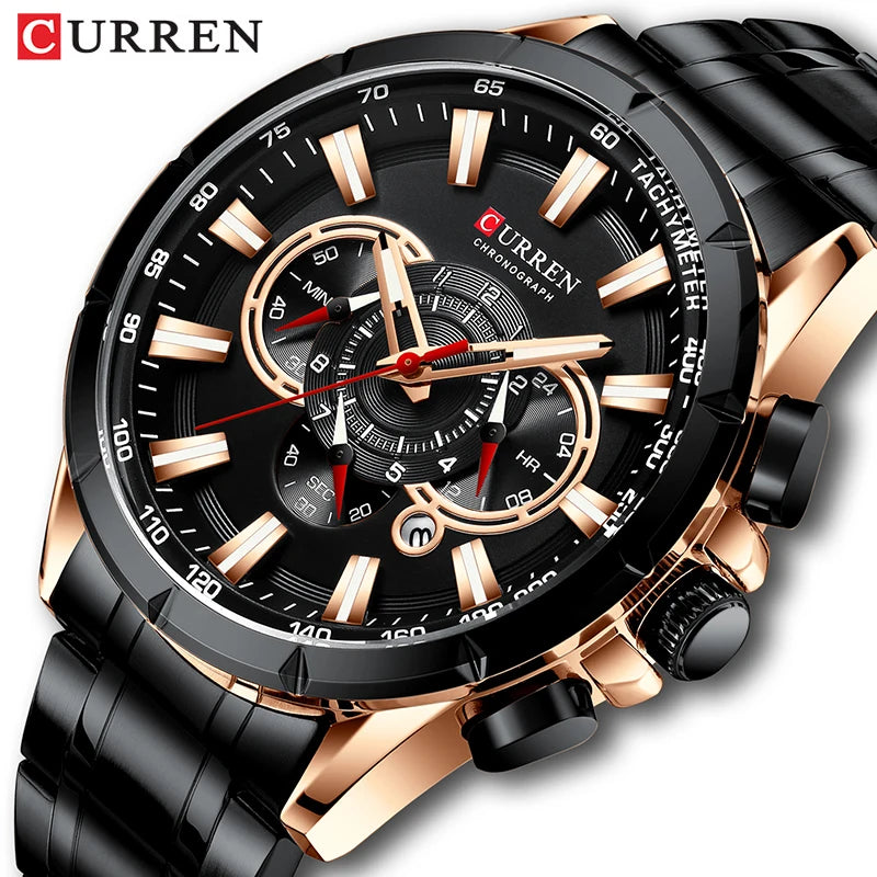 New  Fashion Sport Chronograph Men'S Watch Stainless Steel Band Wristwatch Big Dial Quartz Watches with Luminous Pointers